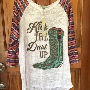 Southern Grace White Tee with Multicolor Striped Sleeves